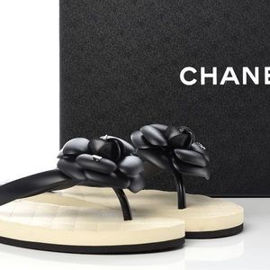 CHANEL PVC Camellia Thong Sandals 40 Black